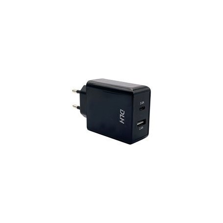 DLH Chargeur secteur 24W avec 1 PORT USB-A ET 1 PORT USB-C - Sortie 4.8A Max - Port USB-A 2.4A max - Port USB-C 3A max