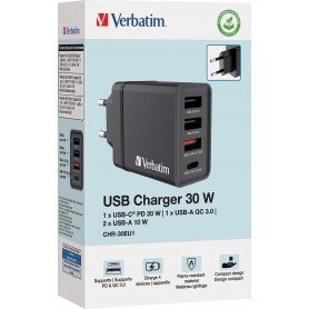 Chargeur secteur Verbatim GaN 3x ports USB-A + 1x port USB-C 30W (Noir)