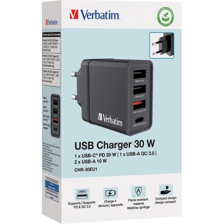 Chargeur secteur Verbatim GaN 3x ports USB-A + 1x port USB-C 30W (Noir)