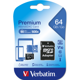 Carte mémoire Micro SD Verbatim Premium - 64Go avec adaptateur