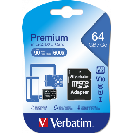 Carte mémoire Micro SD Verbatim Premium - 64Go avec adaptateur